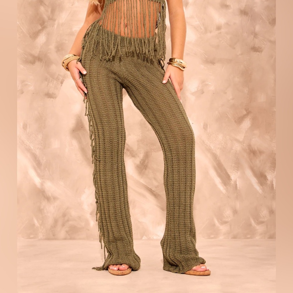 Pretty Little Thing KHAKI TASSEL CROCHET WIDE LEG PANTS